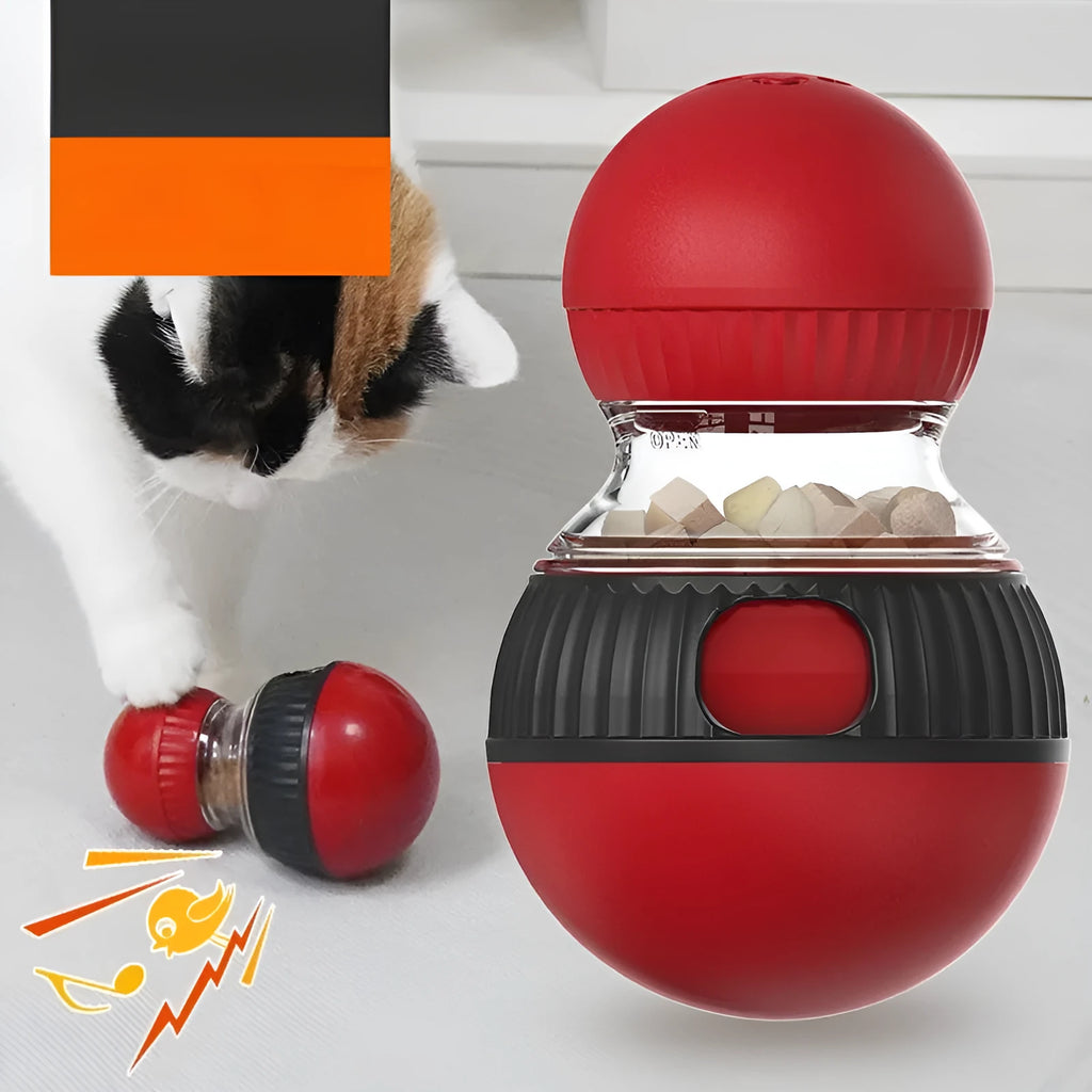 Plastic rotating cat feeder ball toy with a super ball component on a white background.