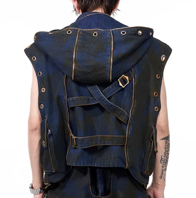 Blue Korean-style denim hooded vest coat with matching trousers laid flat.