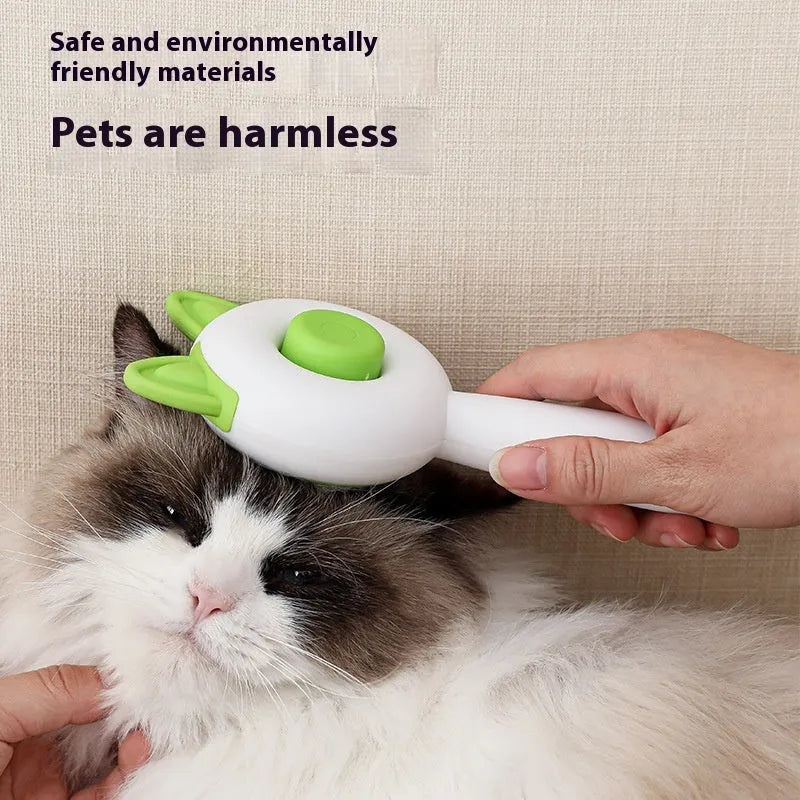 Self-cleaning pet grooming brush for cats with stainless steel teeth in greenish white colour