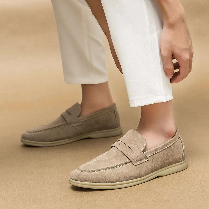 Men's beige leather slip-on shoes with round toe and rubber sole