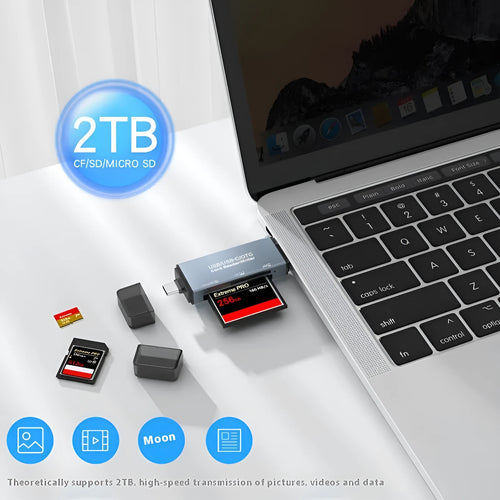 CF SD TF three-in-one aluminium card reader with USB connection for computer and mobile phone
