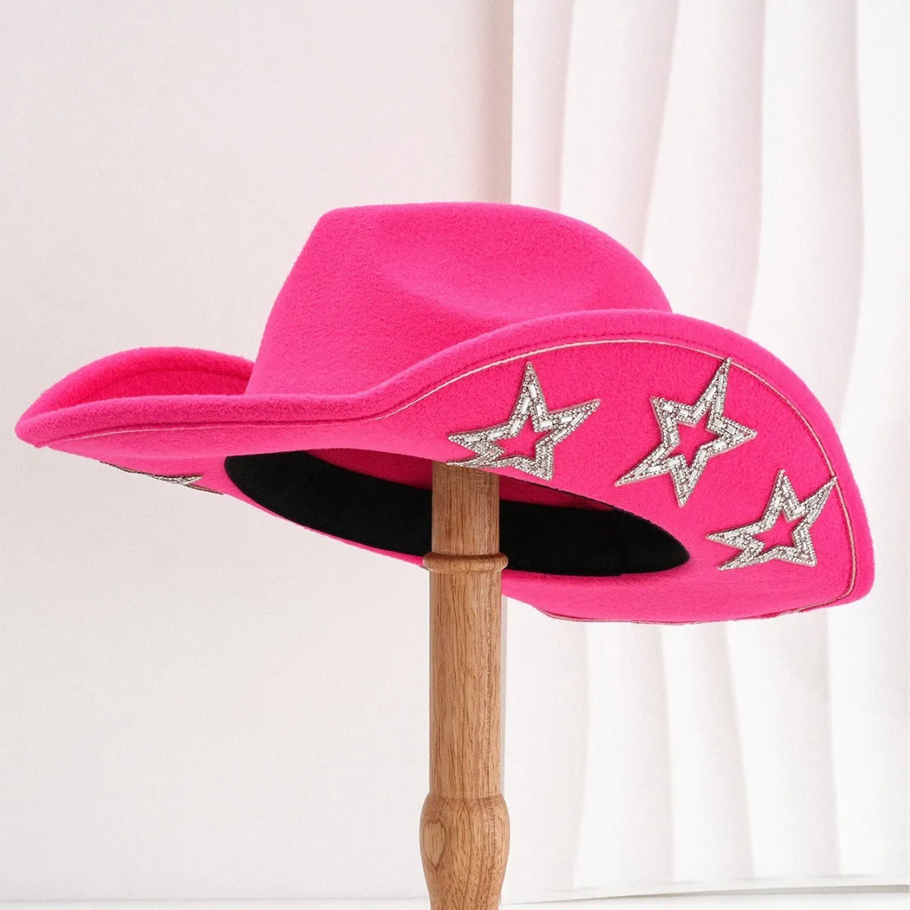 Polyester western top hat with hexagonal star design on conical crown in size M