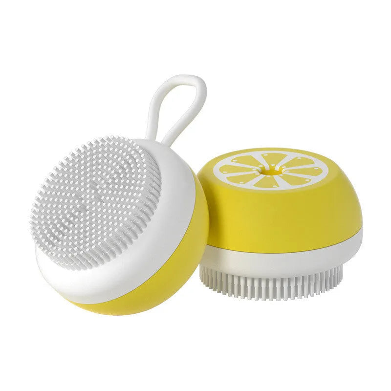 Yellow silicone pet bath brush with 2-in-1 comb design for dog and cat grooming