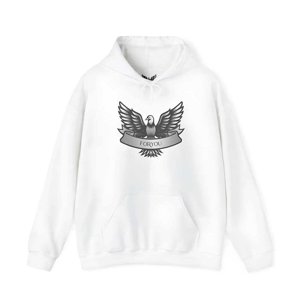 White cotton blend unisex hooded pullover on a hanger, showing long sleeves and hood.
