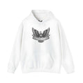 White cotton blend unisex hooded pullover on a hanger, showing long sleeves and hood.