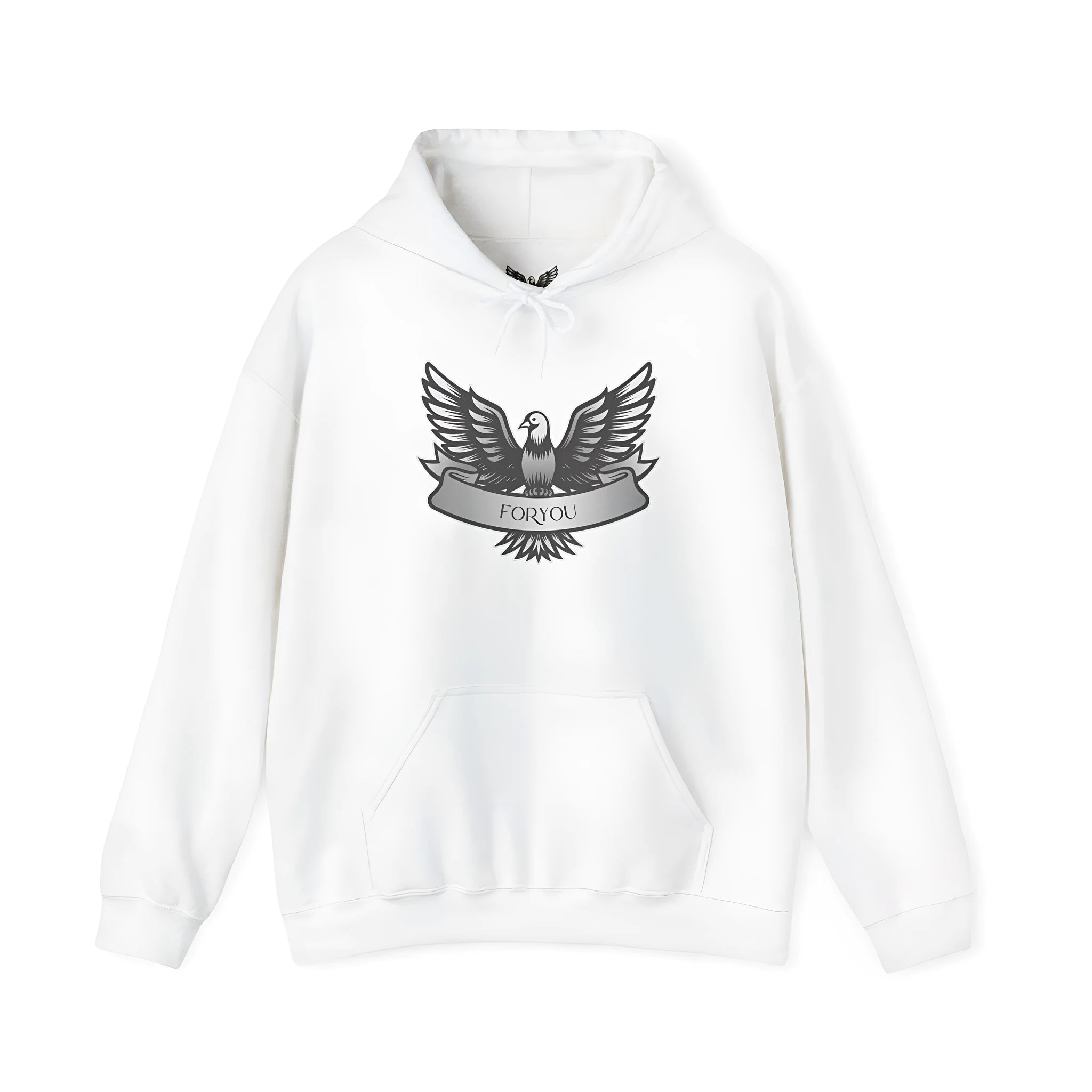 White cotton blend unisex hooded pullover on a hanger, showing long sleeves and hood.
