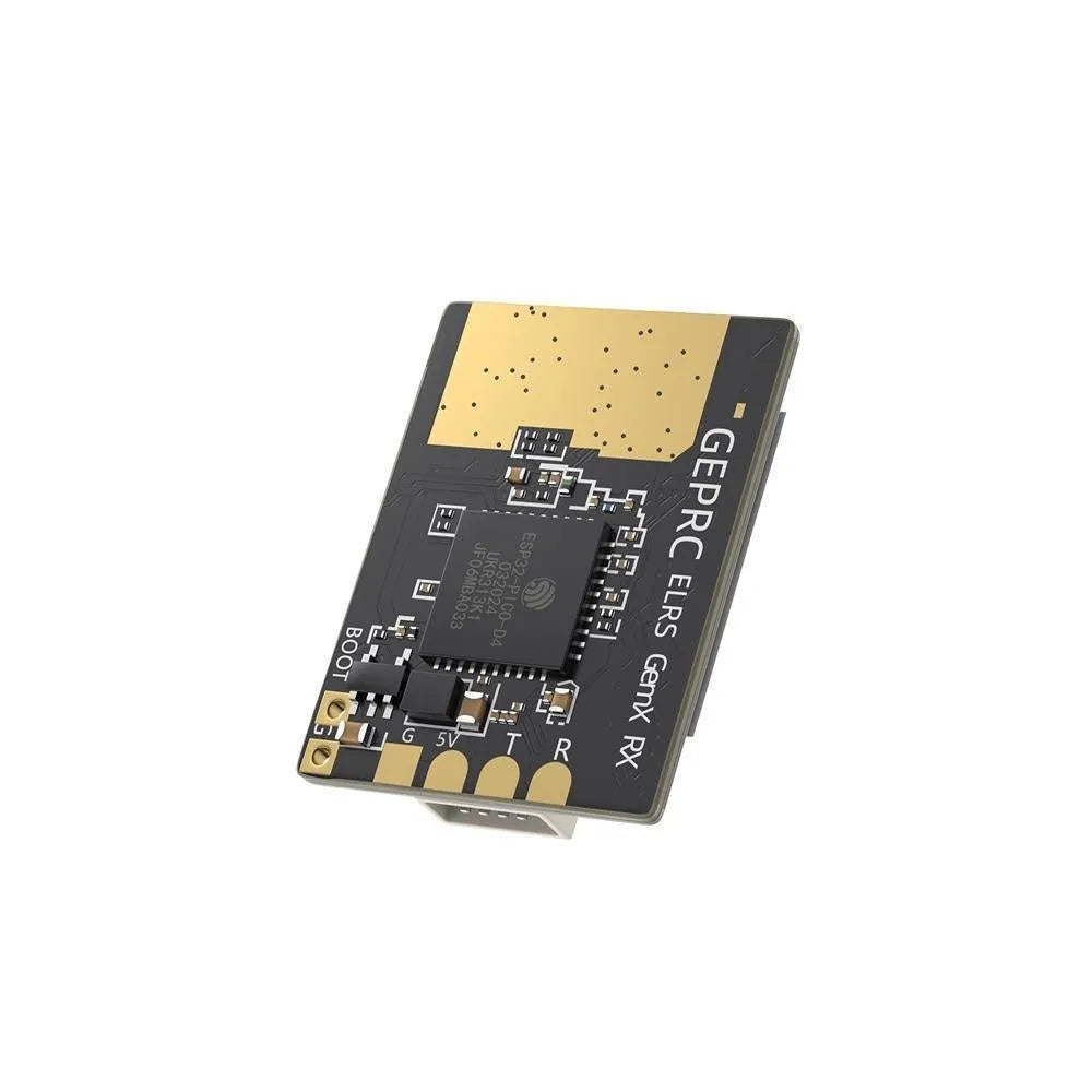 GeminiX ELRS dual-frequency FPV receiver kit with metal base station, two T-shaped antennas, and installation accessories.