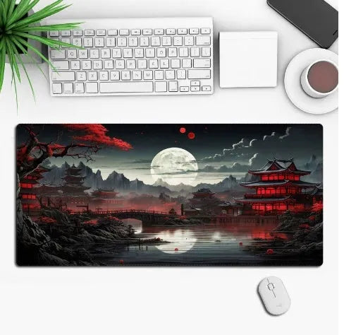 Anime-themed gaming mouse pad on a desk, showing non-slip rubber base and printed cloth surface.
