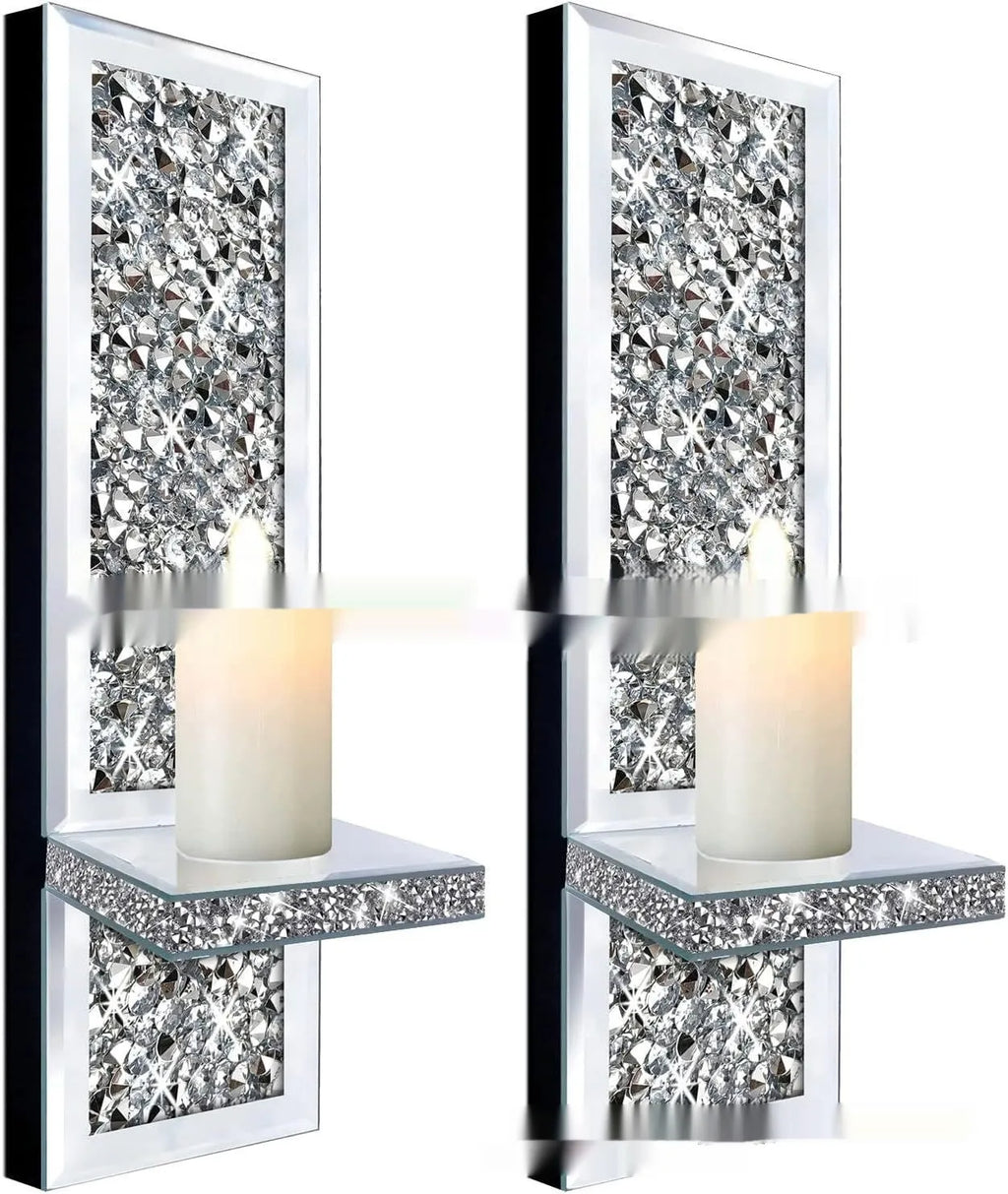 Pair of silver mirror glass candle holders with wall hanging design for modern living rooms