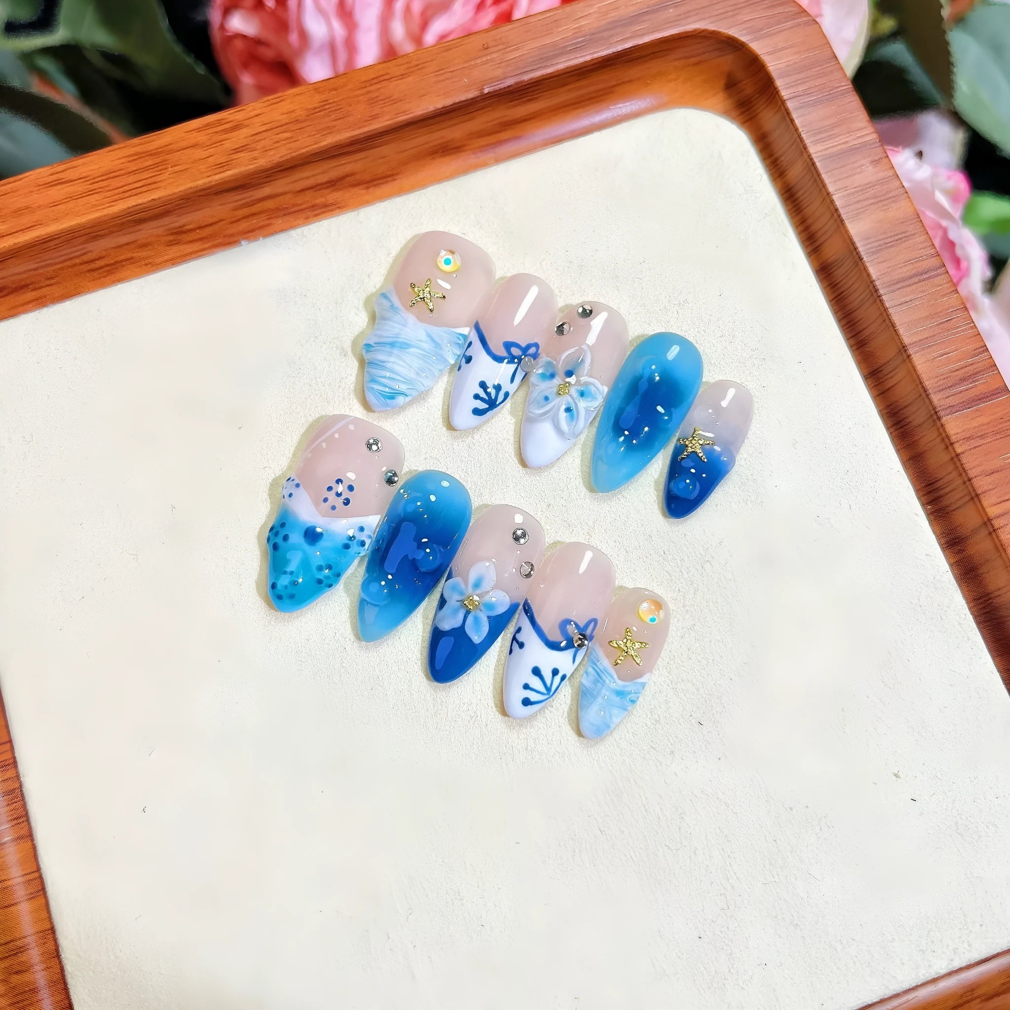 Blue hand-painted carved summer ice transparent fake nails set with plastic wearable armour