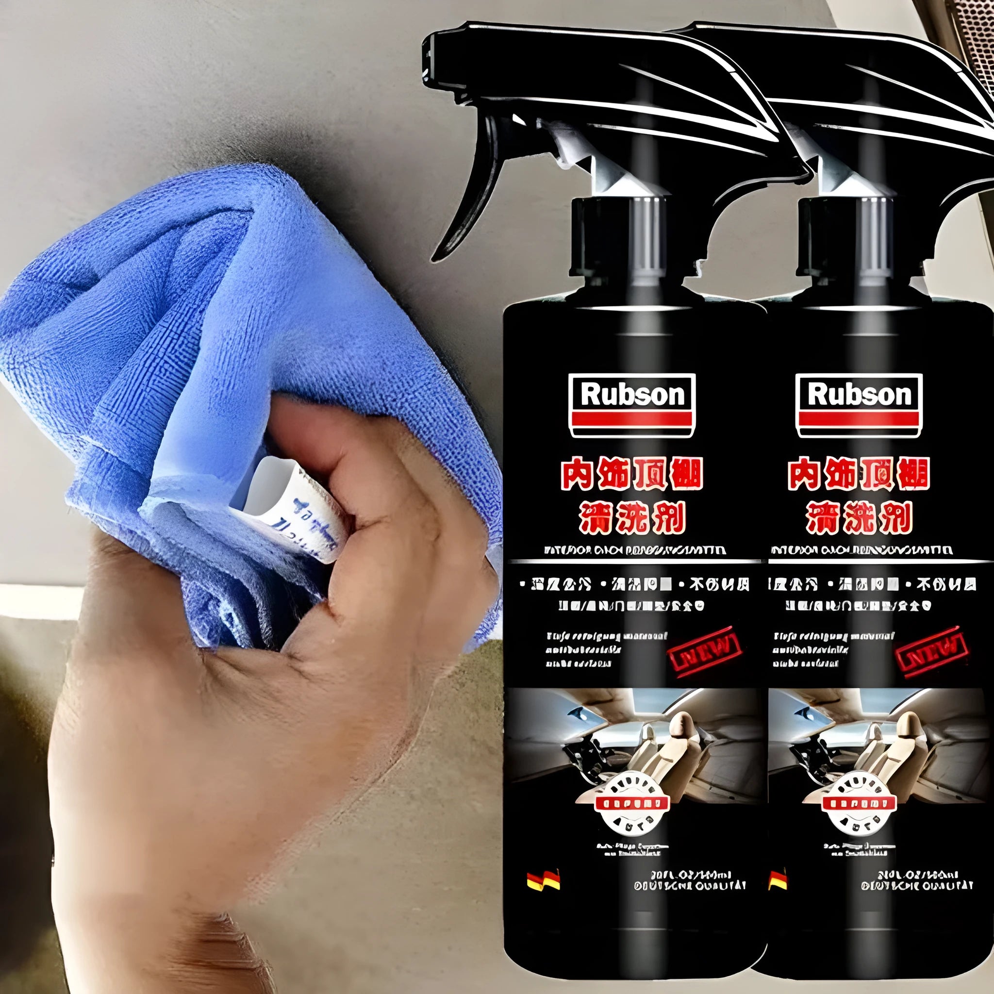 Wash free fabric roof foam cleaner kit with bottle, sponge wipes, and towel for interior vehicle ceiling cleaning