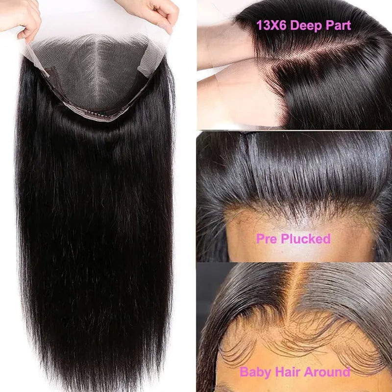 Black straight human hair wig with 13x6 transparent lace front, shown in long length.
