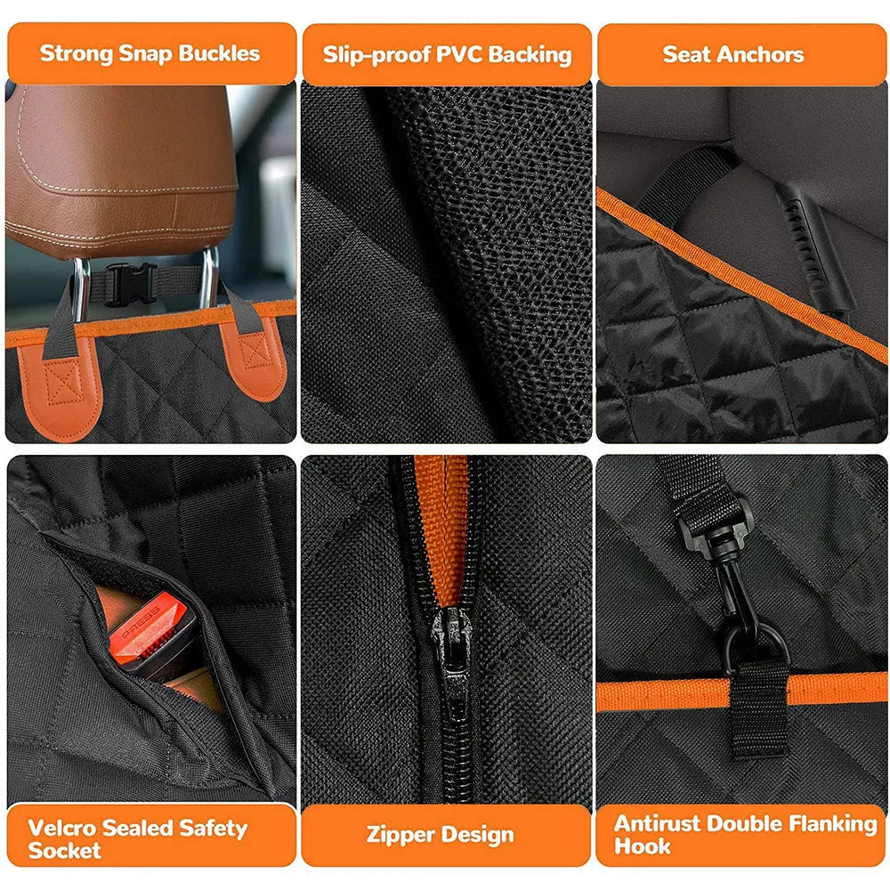 Black and orange edged waterproof pet car seat cover made from 600D Oxford cloth, shown on a car rear seat.