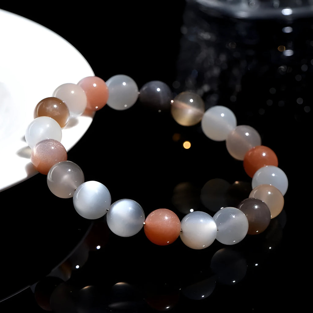 Natural moonstone bracelet with 8mm colourful moon light beads on wrist