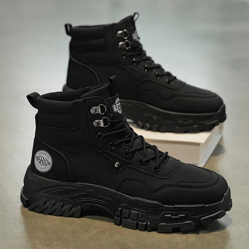 Men's black and yellow Martin boots with a mid-heel and high-top design.