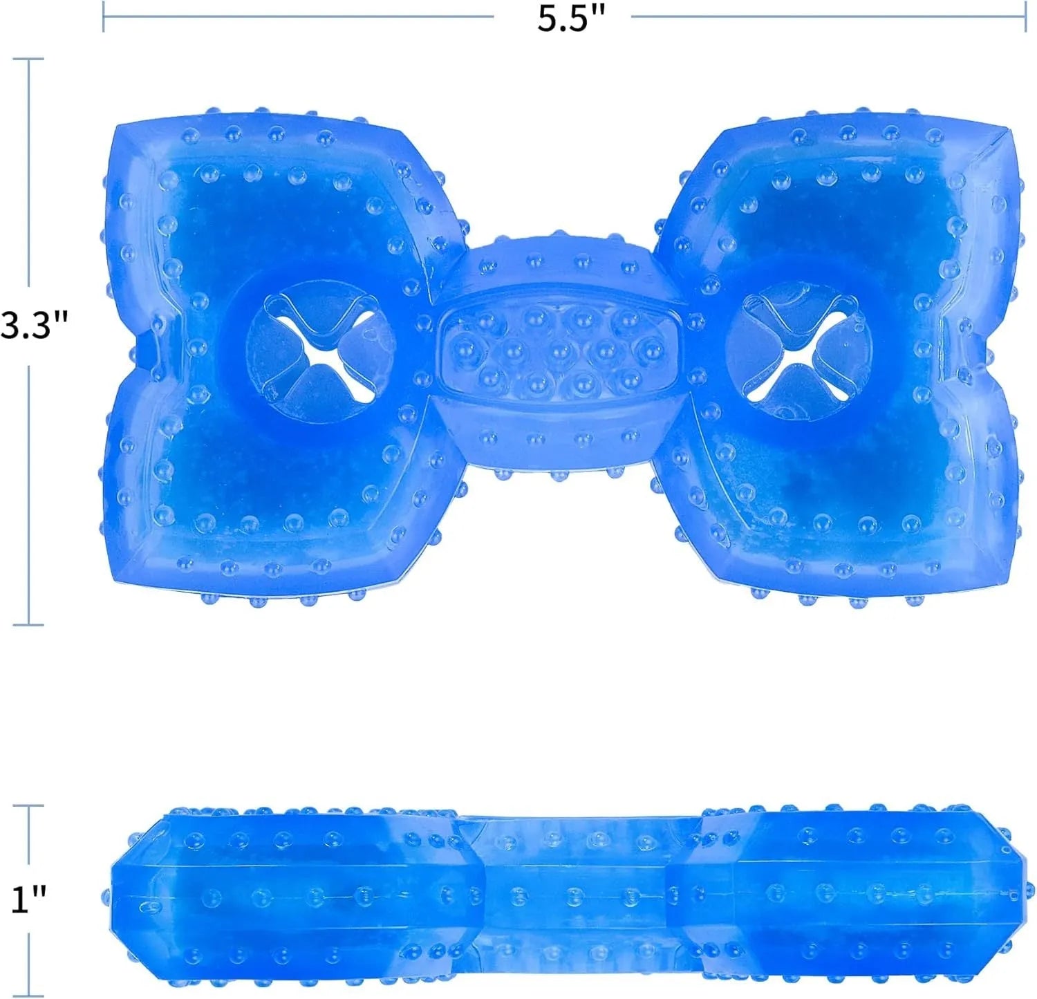 Freezable dog chew toy in bones shape with hollow centre for treats, shown next to a circles-shaped version.