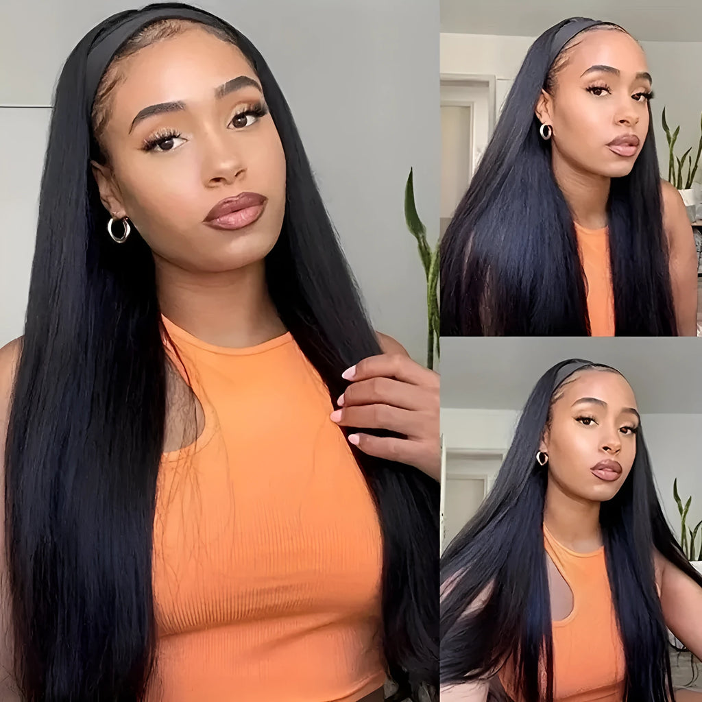 Headband wig with long straight or curly high temperature fibre hair in black or wine red colours