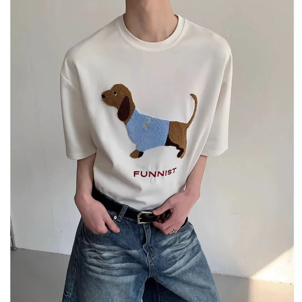 Men's grey cotton t-shirt with an embroidered black and white dachshund dog design on the chest.
