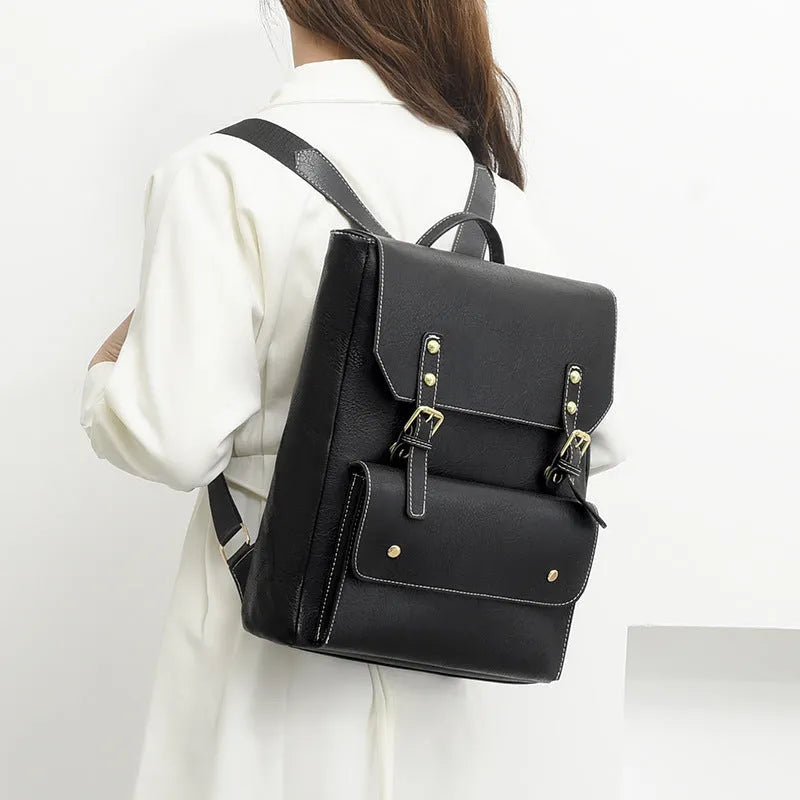 Korean retro style backpack in soft PU leather showing ventilation features and available colour options