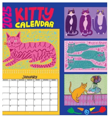 A portrait-format paper wall calendar featuring cat imagery, available for the 2024 or 2025 year.