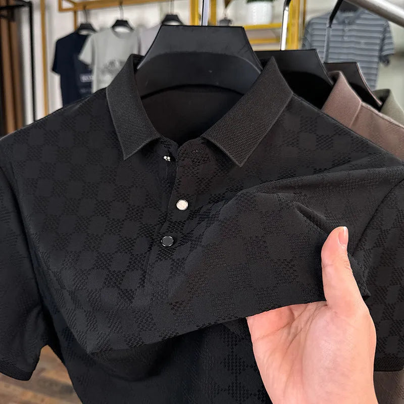 Rhombus thin ice silk short sleeve T-shirt in black featuring a slit design on the body.