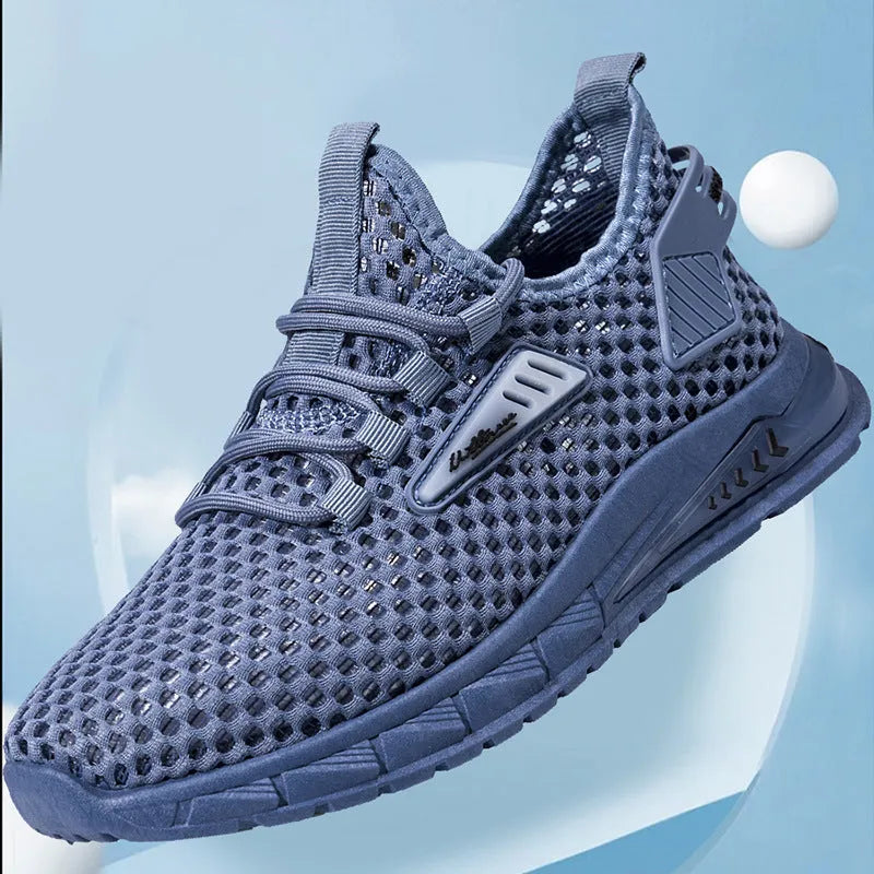 Men's beige casual sneaker with synthetic leather upper, mesh lining, and flat EVA sole on a plain background.