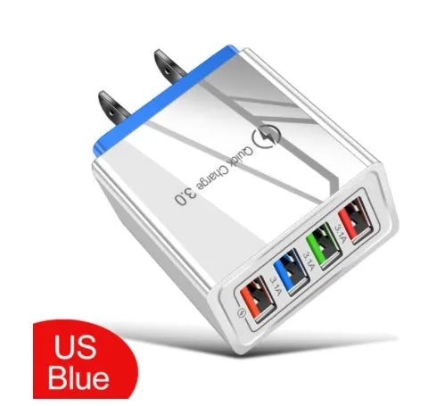 Four-port USB wall charger with LED light in choice of seven colours and EU/US plug options