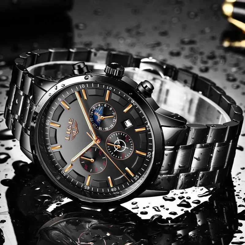 Men's waterproof quartz business sports watch showing four colour options with 12mm thickness