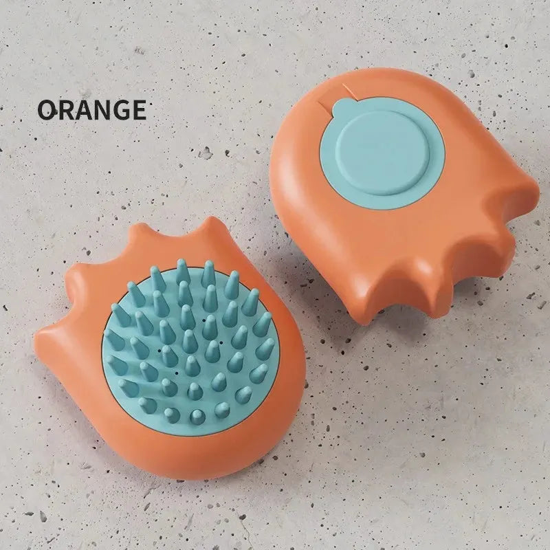 Plastic pet bath brush with built-in shampoo box measuring 9cm long