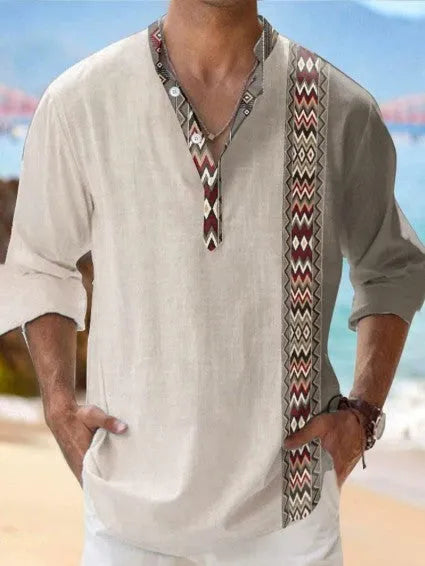 Thin striped Hawaiian long sleeve shirt in a digital bamboo linen pattern on a model.