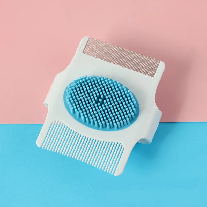 Blue and green multifunctional pet comb grooming tool with hair removal, massage, and flea removal functions
