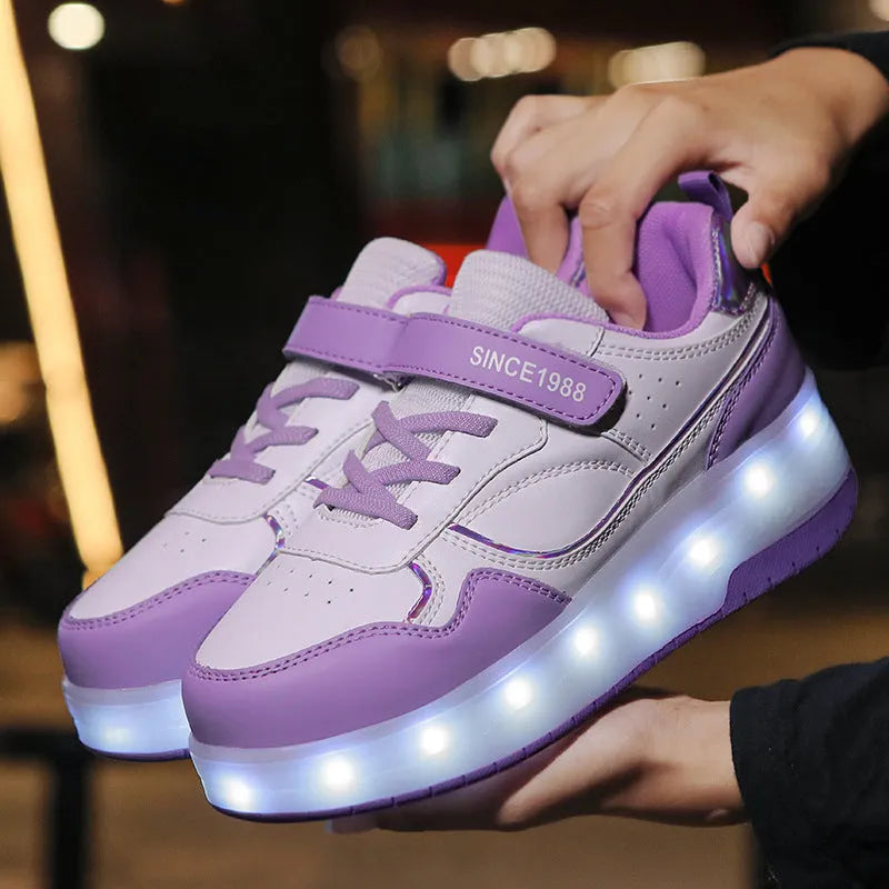 Charging LED roller skates for boys and girls in pink, showing two-wheel and four-wheel style options.