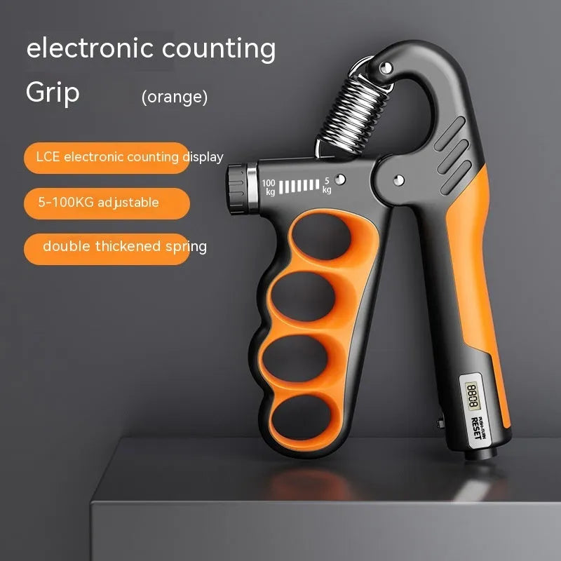 Electronic spring grip with digital counter in orange, red, or grey for fitness training.
