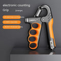 Electronic spring grip with digital counter in orange, red, or grey for fitness training.