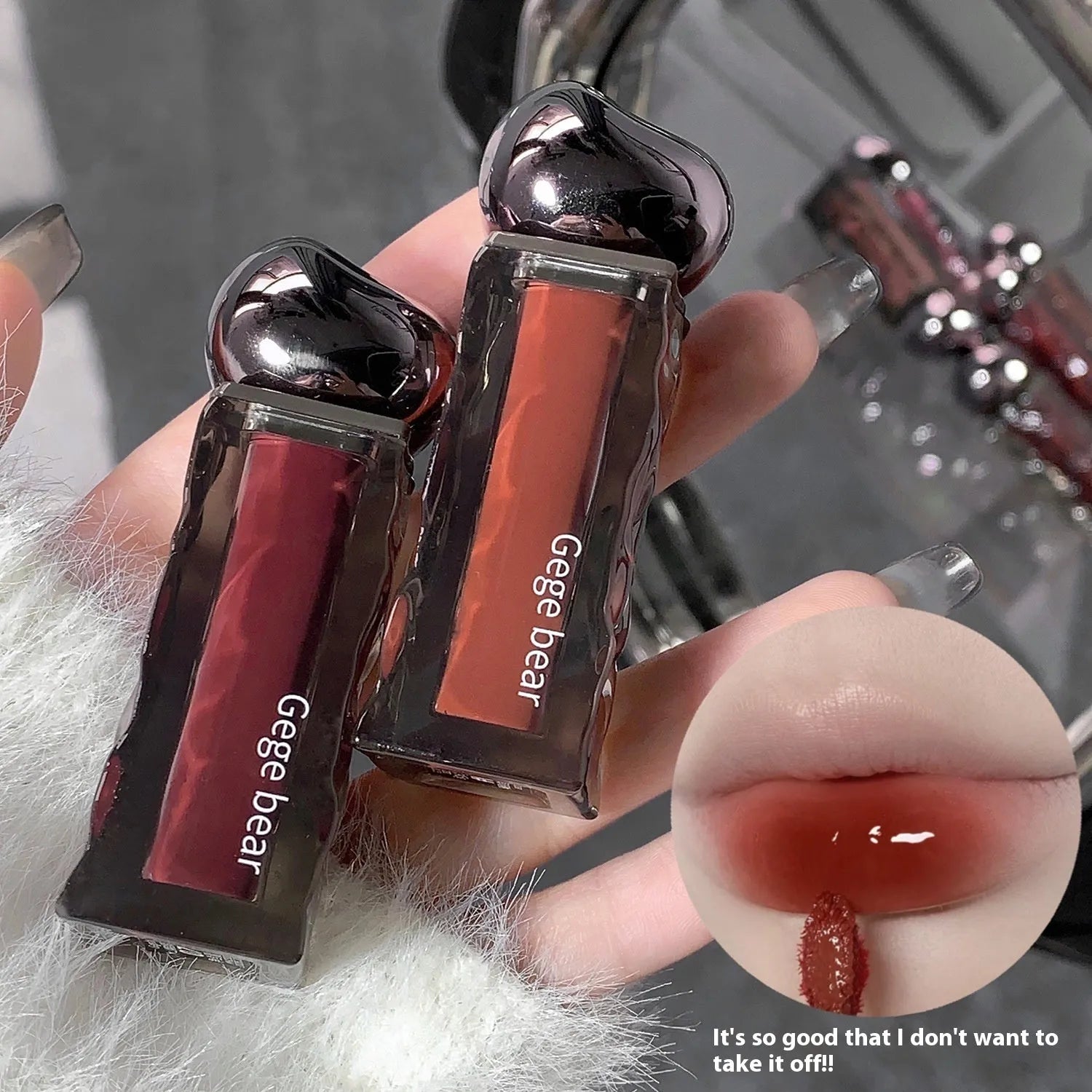 Glacier Lava Lip Lacquer mirror makeup in water-light finish with seven colour options
