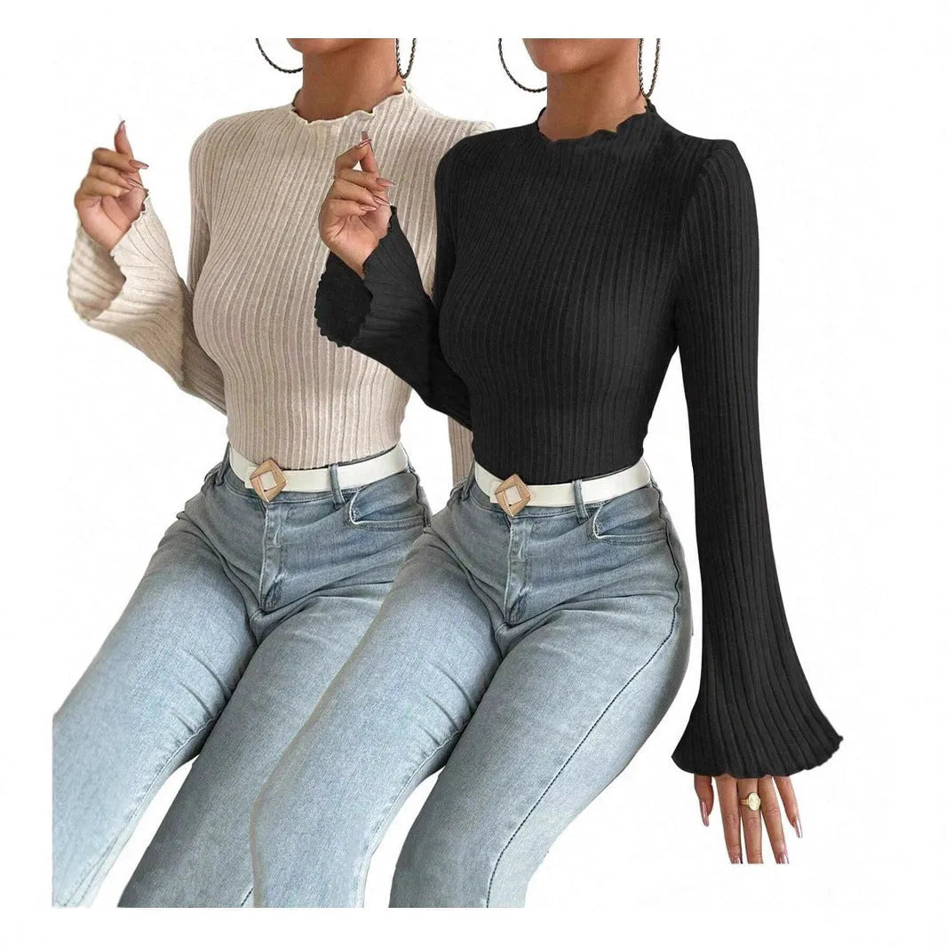 Black long sleeve round neck top with lantern sleeves and slim fit silhouette
