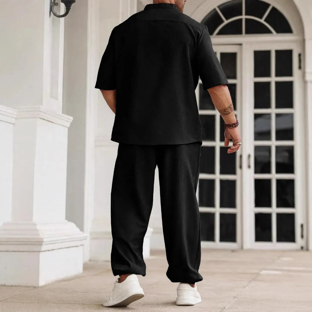 Men's cotton linen casual button short-sleeved trousers set with matching shirt in apricot colour