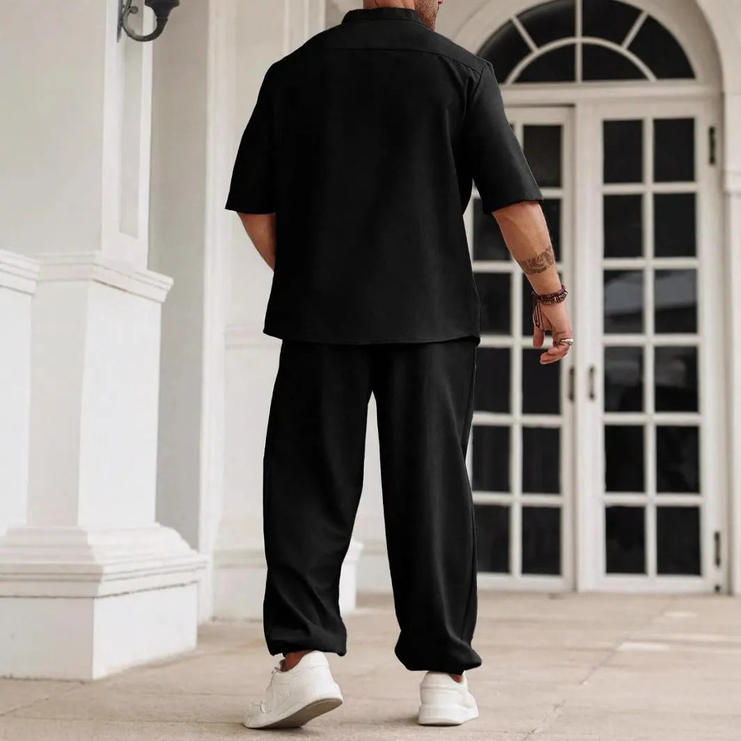 Men's cotton linen casual button short-sleeved trousers set with matching shirt in apricot colour