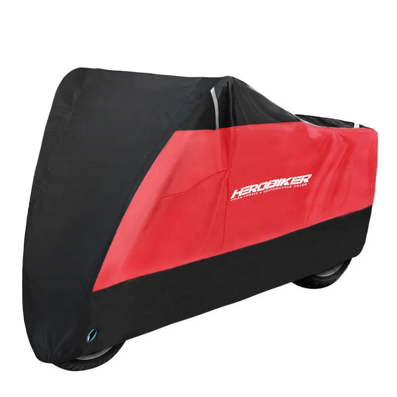 Black motorcycle cover on a bike showing waterproof and anti-theft protection features.