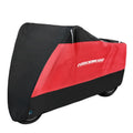 Black motorcycle cover on a bike showing waterproof and anti-theft protection features.