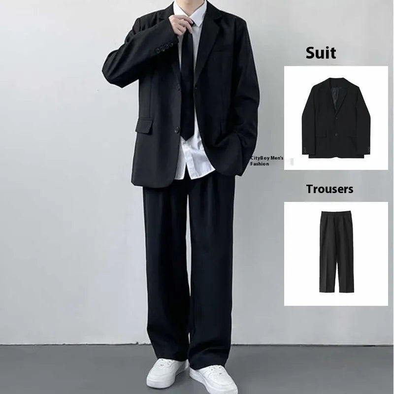Men's plus size suit jacket set with trousers, white shirt, and tie in college style