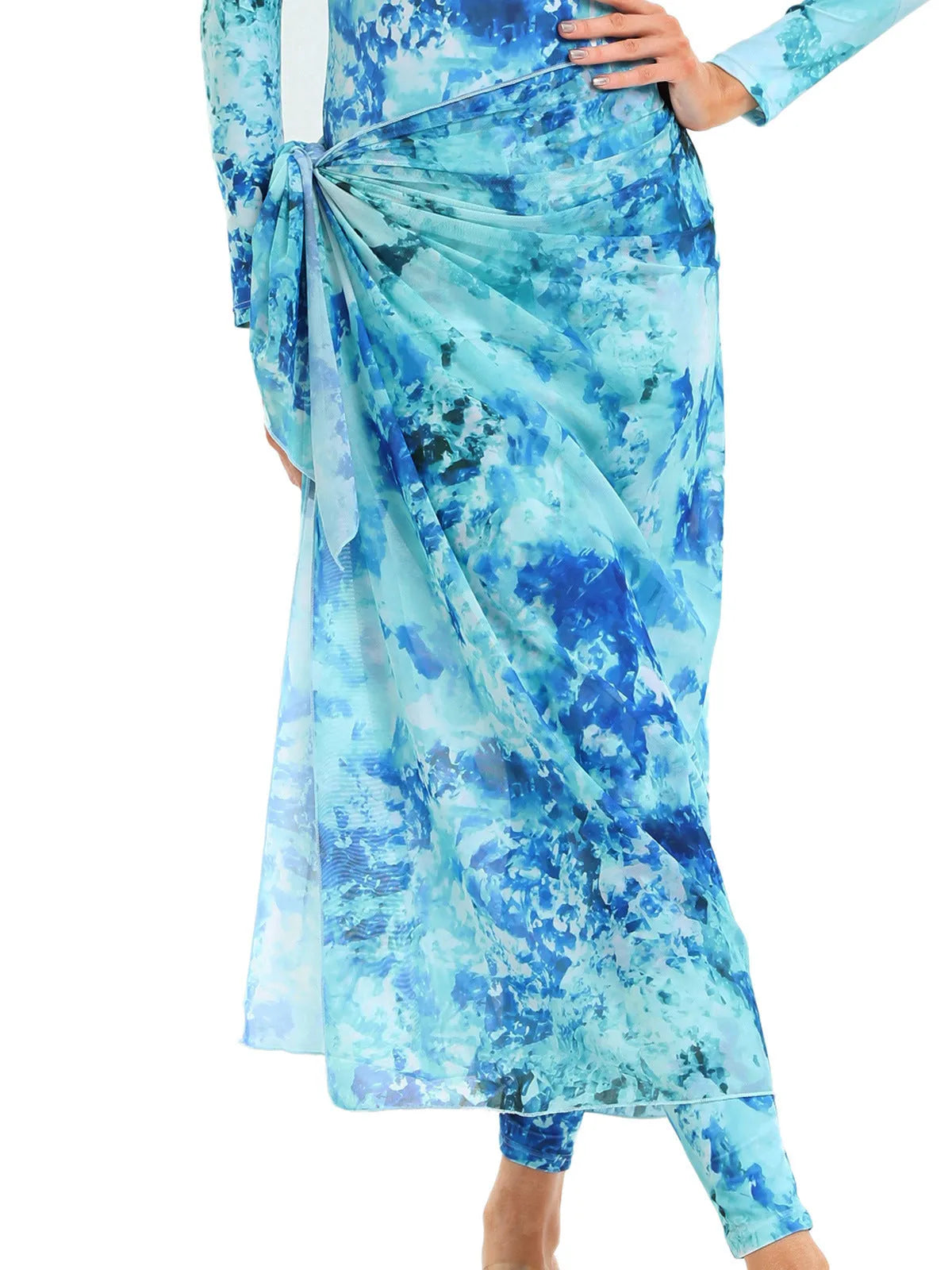 Muslim conservative beach swimsuit three-piece set with apron cover-up in polyester fabric