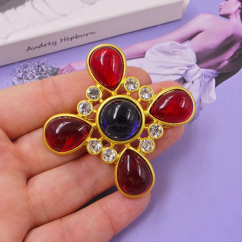 Medieval baroque cross crystal brooch in zinc alloy with antique styling