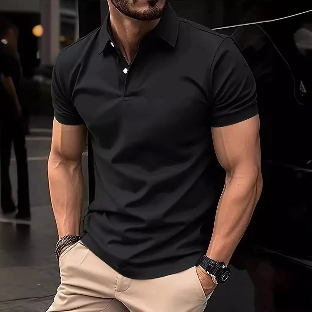 Men's slim fit casual short sleeve button-up shirt in a solid colour on a hanger.