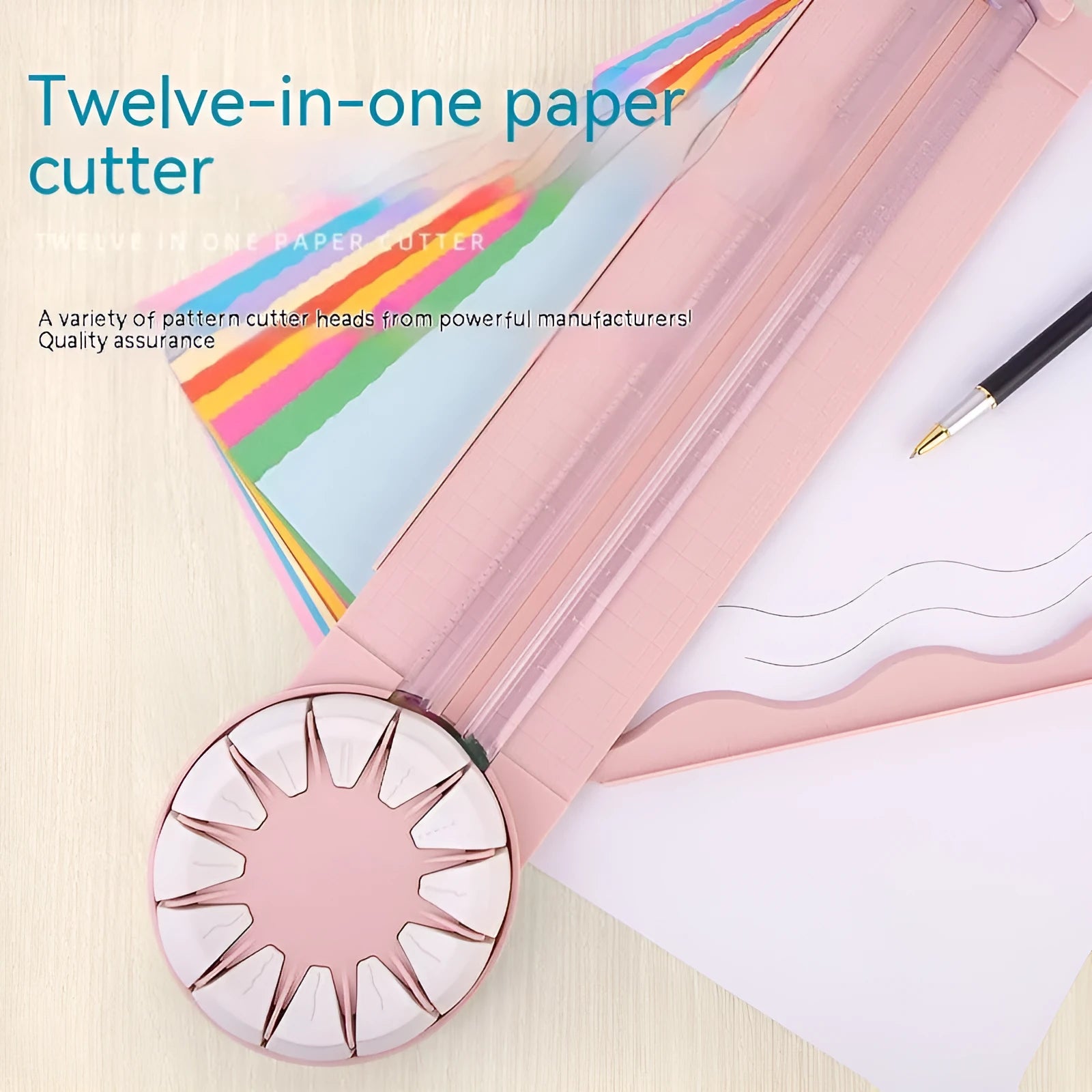 Plastic paper cutting machine with 12 multifunctional heads in pink colour on craft table
