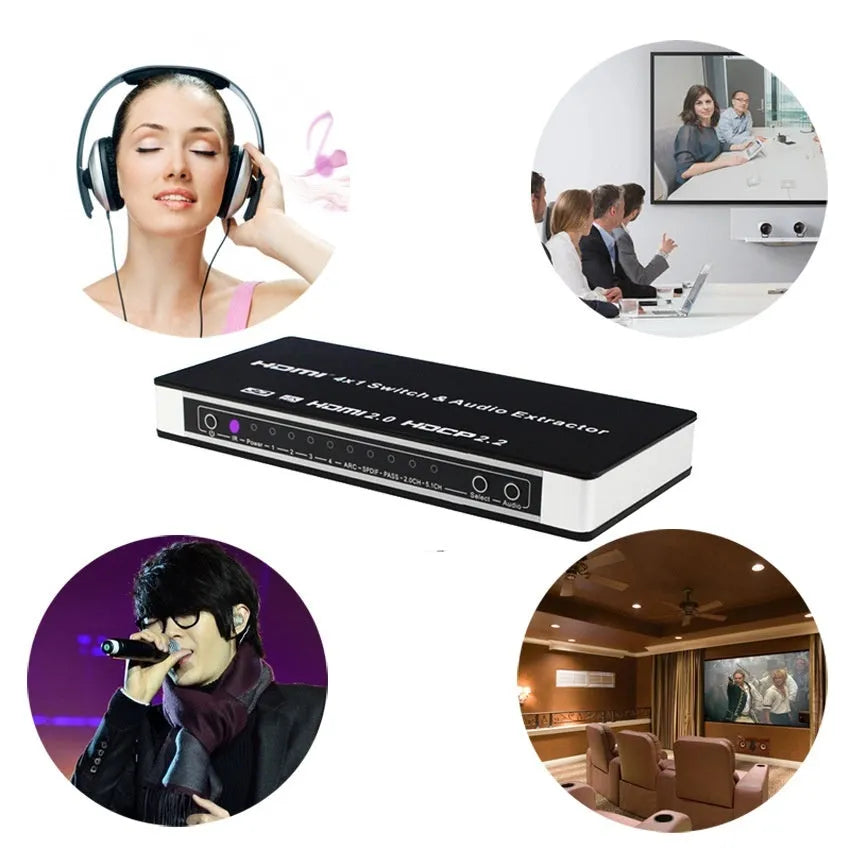 Black four input one output HDMI switch with remote control and power adapter