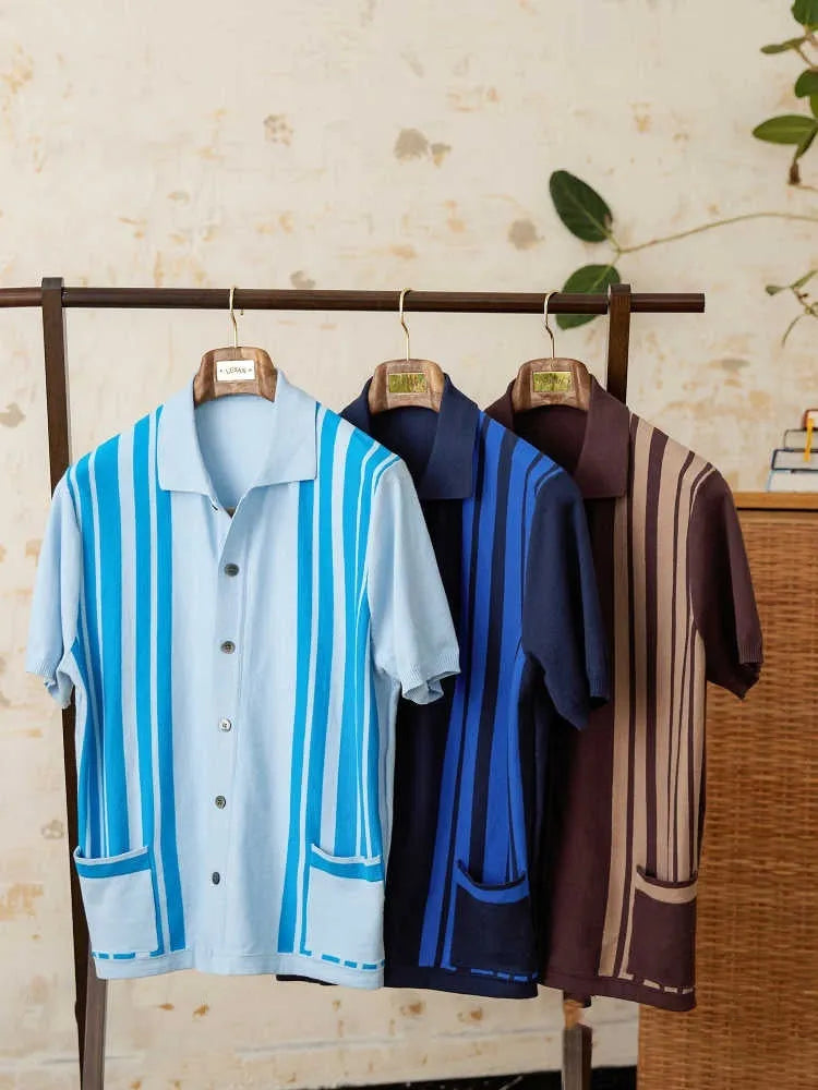Cotton striped short-sleeved cardigan polo shirt with lapel collar in royal blue
