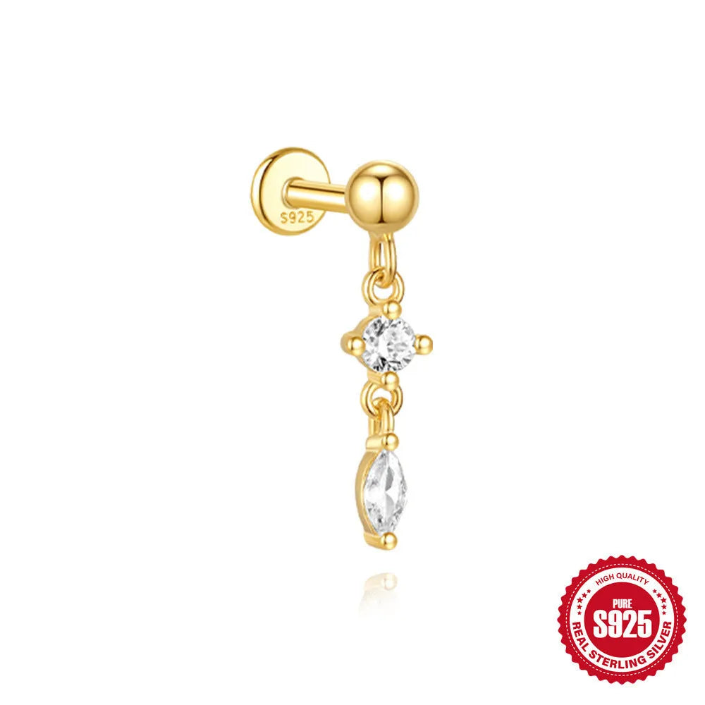 S925 sterling silver water drop earrings with flat spiral puncture design in single gold colour