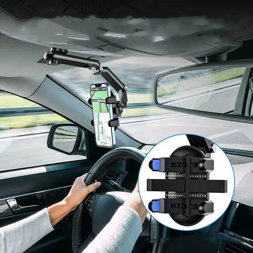 Car sun visor with buckle attachment for rear seat, shown in black and green colour options.