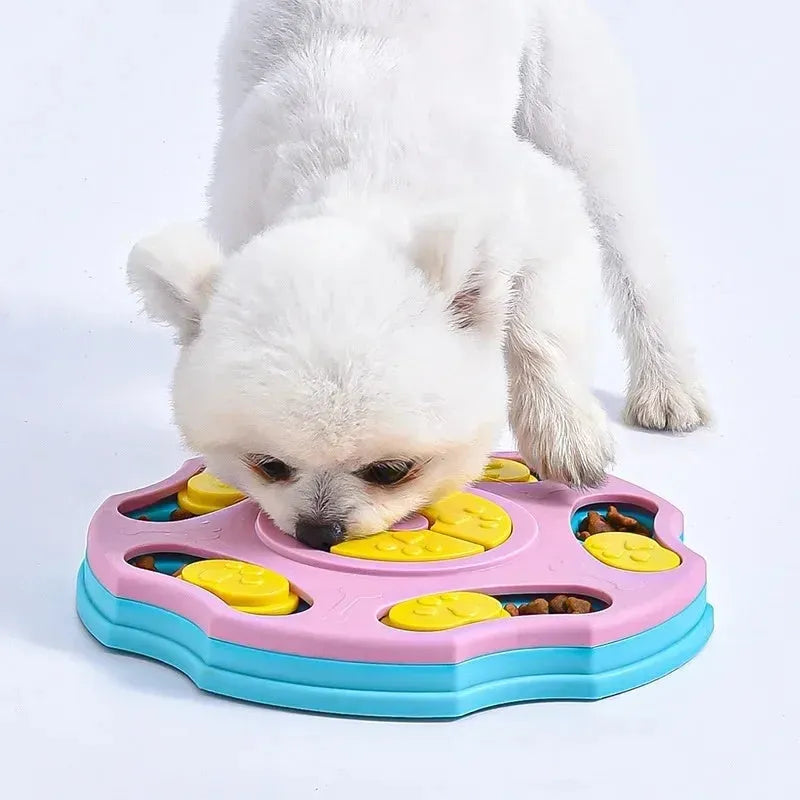 Blue dog puzzle toy feeder with compartments for interactive food search games.